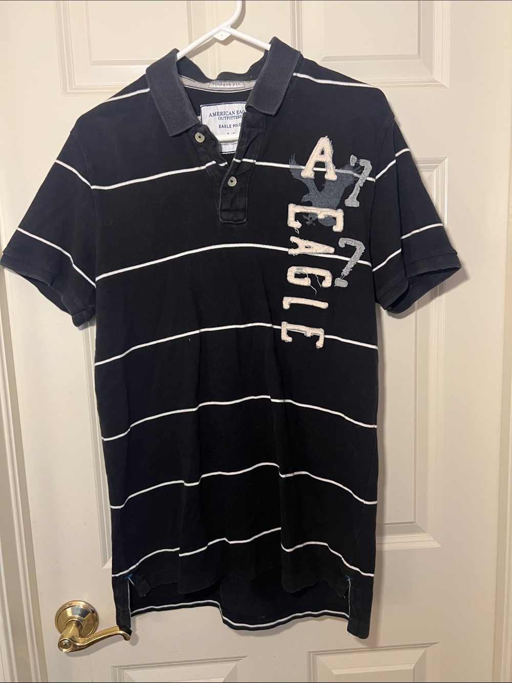 American Eagle Outfitters Black Polo with White Stripes and Logo
